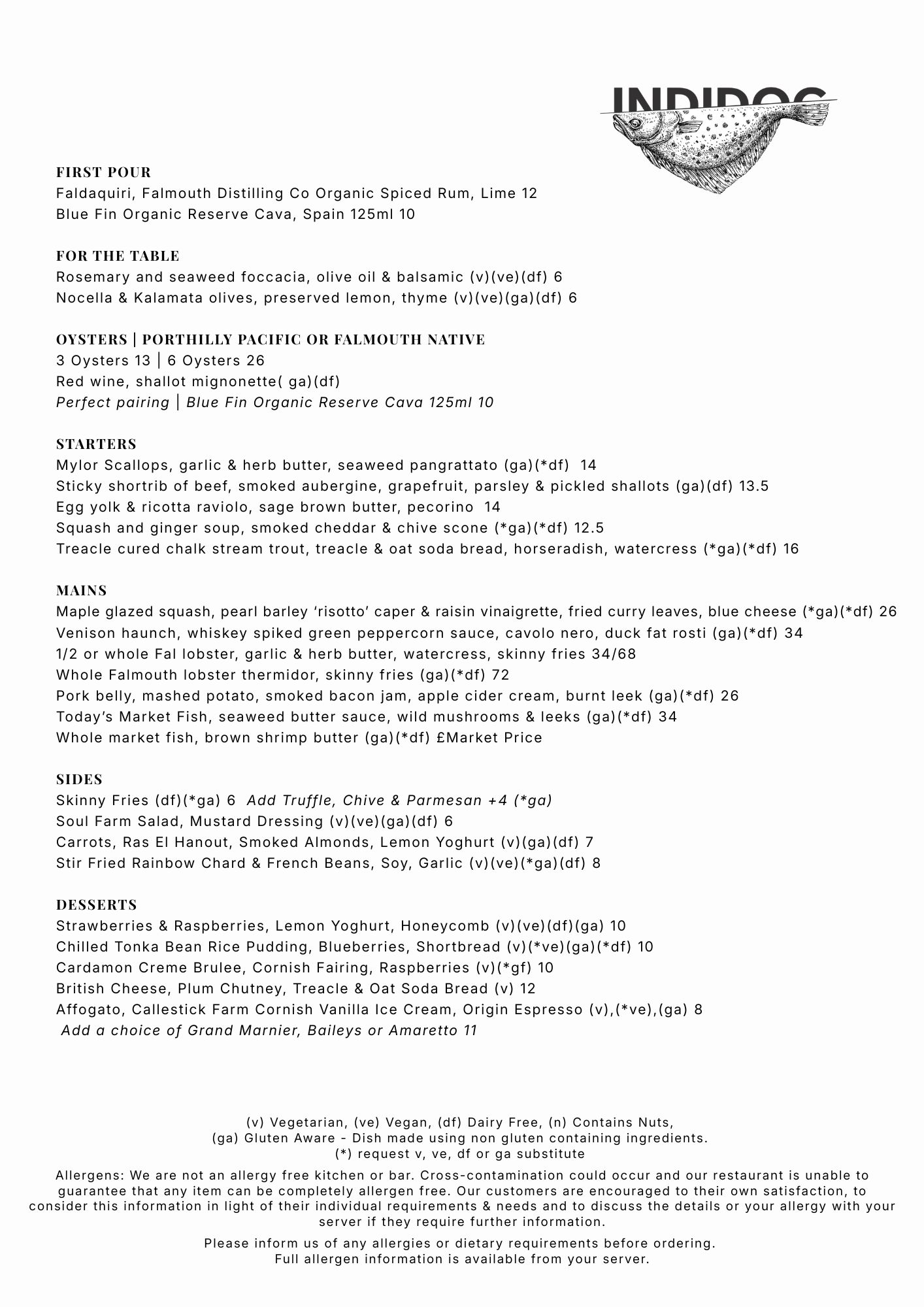 Autumn Dinner Menu 2026 Dinner Menu at INDIDOG harbourside restaurant, Falmouth, Cornwall. Features Lobster, Mussels, Venison, Scallops.